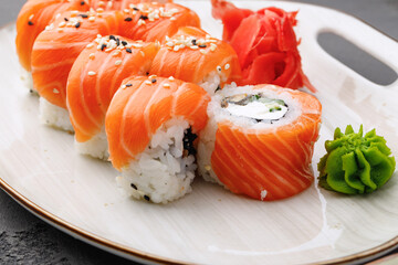 Philadelphia sushi roll on plate close up