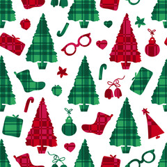 Checkered pattern seamless Merry Christmas and new year surafce design. Red and green colors. Vector illustration cage texture shape tree, girf box and socks isolated on white background - 401202385