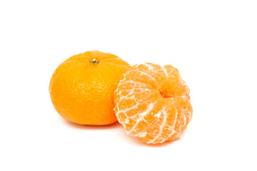Ripe peeled mandarin on white background