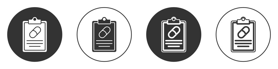 Black Medical prescription icon isolated on white background. Rx form. Recipe medical. Pharmacy or medicine symbol. Circle button. Vector.