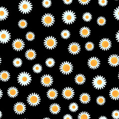 Chamomile white flowers seamless pattern on black background. Vector illustration texture with small flowers. Fashion surface design. Abstract minimalistic style - 401204344