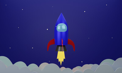 Rocket takes off in space with clouds and stars - 3 D cartoon image