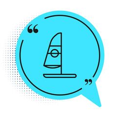 Black line Windsurfing icon isolated on white background. Blue speech bubble symbol. Vector Illustration.