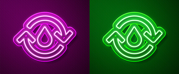 Glowing neon line Recycle clean aqua icon isolated on purple and green background. Drop of water with sign recycling. Vector Illustration.