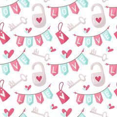 Valentine day cartoon seamless pattern, cute kids valentine heart, lock, flags garland, nursery endless digital paper in pink and peppermint color, background for textile, scrapbooking, wrapping paper