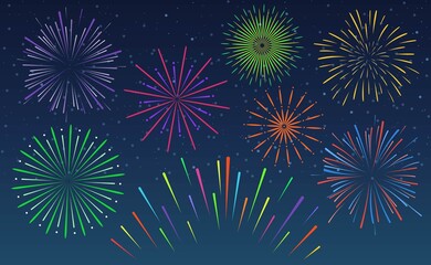 Colorful exploding fireworks isolated on night sky background. Festive firework salute burst. Template design for holiday, christmas, new year, anniversary. Firecracker background.