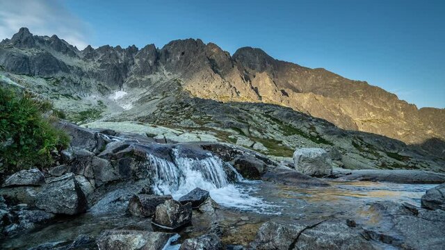 Timelapse of twilight of High Tatras, Slovakia, mountain stream, cinematic view