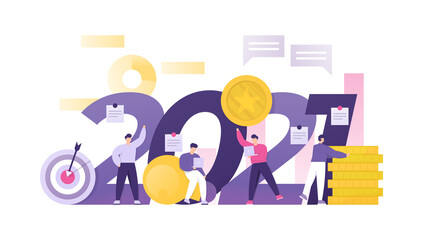 New Year 2021. team or group of people partying, coins, graphic data, target boards. Vector illustration concept for greeting card, background, business presentation, marketing, social media banners
