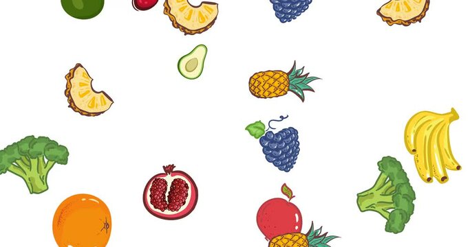 Animated background with Fruits on white background decorative, abstract pattern animation. video. apple, broccoli, pomegranate, orange, plum, avocado, banana, grapes Cover design. stock footage 4k