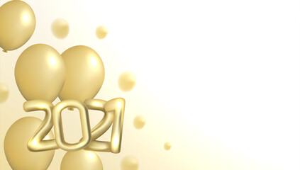 Happy new year 2021. Elegant gold text with 3d balloons. Minimalist template for element, calendar, greeting card, or banner. vector typography for 2021 and luxury design