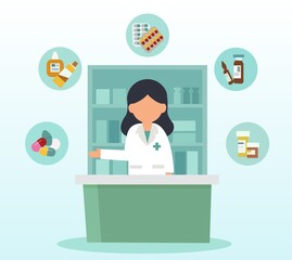 Vector of a pharmacist selling drugs in pharmacy