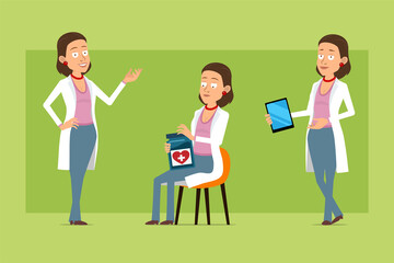 Obraz premium Cartoon flat funny doctor woman character in white uniform. Girl posing, holding medical jar and smart tablet. Ready for animation. Isolated on green background. Vector set.