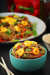 Japchae, a sweet and savory dish of stir-fried glass noodles, Korean cuisine