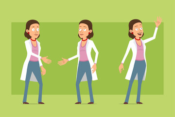 Cartoon flat funny doctor woman character in white uniform. Girl shaking hands and showing welcome gesture. Ready for animation. Isolated on green background. Vector set.