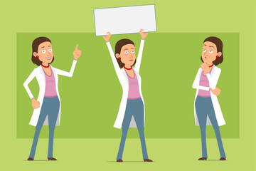 Fototapeta premium Cartoon flat funny doctor woman character in white uniform. Girl thinking and holding blank paper sign for text. Ready for animation. Isolated on green background. Vector set.