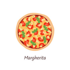 Pizza margherita top view with ingredients. Italian tasty pizza with tomatoes, mozzarella, basil and sause. Flat style isolated on white background. 