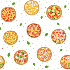 Pattern with different types of pizza top view with ingredients. Italian tasty pizza: vegetarian, seafood, cheese, mushroom, hawaiian and meat topping in flat style on white background.