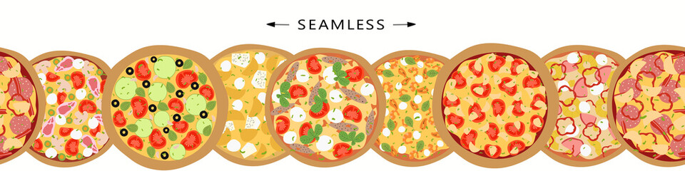 Horizontal seamless banner for website. Flyer witn different kinds of pizza and empty space for text. Flat design