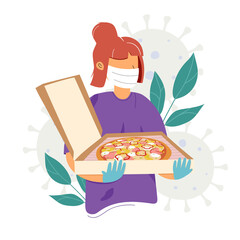 Pizza delivery woman in medical mask and sterile gloves. Safe and fast home delivery. Safety delivery concept. Flat llustration