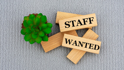 STAFF WANTED - words on wooden blocks on gray background and cactus