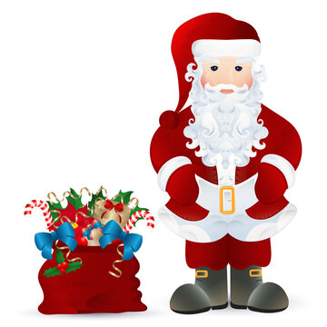 Vector Christmas illustration in the form of Santa Claus with a bag in which there are gifts and Christmas symbols..