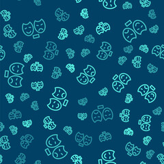 Green line Comedy and tragedy theatrical masks icon isolated seamless pattern on blue background. Vector.