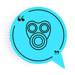 Black line Gas mask icon isolated on white background. Respirator sign. Blue speech bubble symbol. Vector.