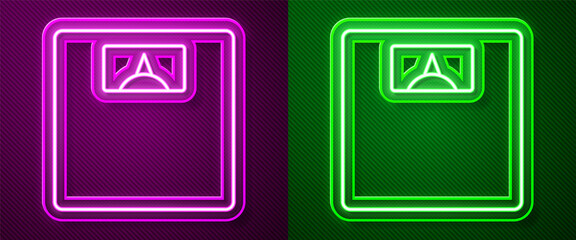 Glowing neon line Bathroom scales icon isolated on purple and green background. Weight measure Equipment. Weight Scale fitness sport concept. Vector.