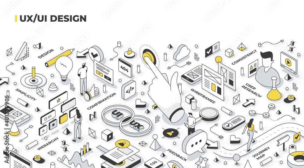 Wall mural ux, ui design isometric illustration. building user experience roadmap, planning user interaction wi