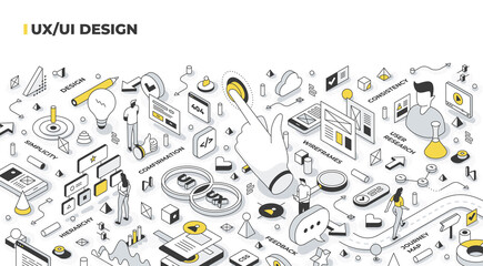 UX, UI design isometric illustration. Building user experience roadmap, planning user interaction with the interface