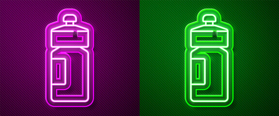 Glowing neon line Fitness shaker icon isolated on purple and green background. Sports shaker bottle with lid for water and protein cocktails. Vector.