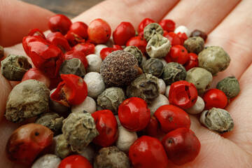 Red, green and white peppercorns spice macro