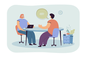 HR manager talking with candidate at job interview flat vector illustration. Cartoon employee or job seeker meeting with employer. Career and business conversation concept