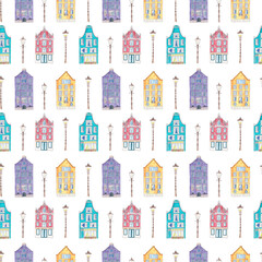 Seamless pattern with watercolor illustrations of colorful Amsterdam houses and street lamps.