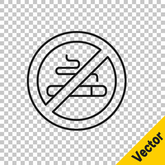 Black line No Smoking icon isolated on transparent background. Cigarette symbol. Vector.