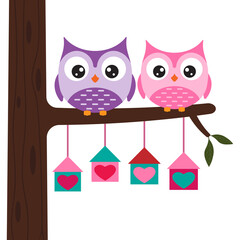 Two Owls sitting on the branch with heart birdhouses