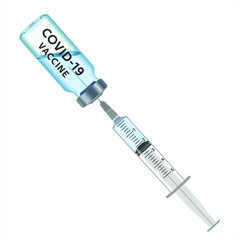 Medical syringe with the needle in the vial serum against Covid-19. Injection, vaccine and disposable syringe. Sterile vial. Glass medical ampoule vial for injection. Vector realistic illustration.