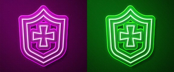 Glowing neon line Shield icon isolated on purple and green background. Guard sign. Security, safety, protection, privacy concept. Vector.