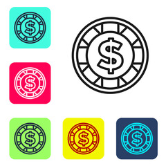 Black line Casino chip with dollar symbol icon isolated on white background. Casino gambling. Set icons in color square buttons. Vector.