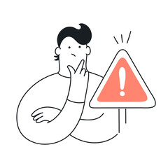 A pensive man stands at an exclamation mark. Error, warning, limitation. Flat line vector illustration on white. Exclamation point, error, warning, limitation, and cute men.