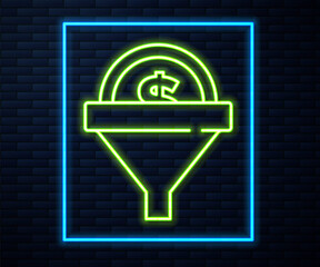 Glowing neon line Lead management icon isolated on brick wall background. Funnel with money. Target client business concept. Vector.