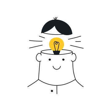 Think outside the box, light bulb in a head, Idea, brainstorming creativity. New idea, brainstorming, solution, creativity. Flat line vector illustration on white.