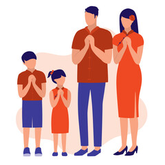 Obraz premium Family Wishing Chinese New Year In Fist And Palm Salute. Celebration And Festival Concept. Vector Illustration Flat Cartoon. Chinese New Year Etiquette Greeting.