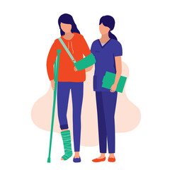 Nurse Helping A Injury Woman To Walk. Medical & Accident Concept. Vector Illustration Flat Cartoon. Young Woman With A Broken Arm And Leg.