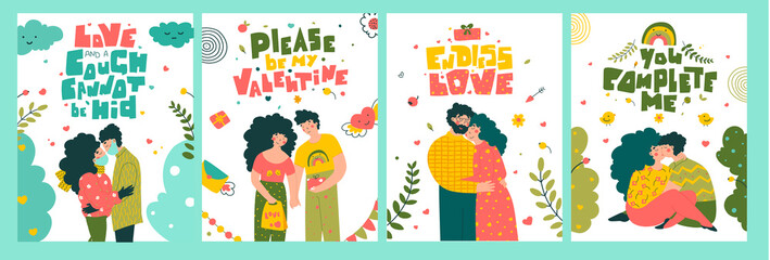 Fototapeta na wymiar Valentine's day greeting cards set, flat vector illustration.