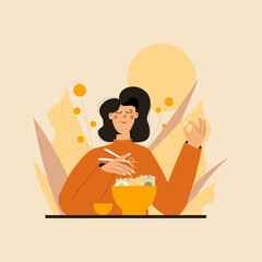 Cute woman practicing mindful eating exercise in nature and leaves. Concept illustration for meditation, relax, recreation, healthy lifestyle, mindfulness practice. Flat trendy vector illustration