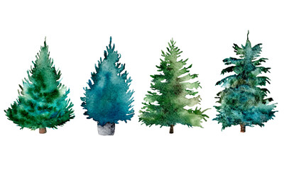 Set of watercolor Christmas fir trees, isolated on white background. Cartoon watercolor illustrations for stickers, cards, invitations, decor.
