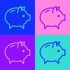 Pop art line Piggy bank icon isolated on color background. Icon saving or accumulation of money, investment. Vector.