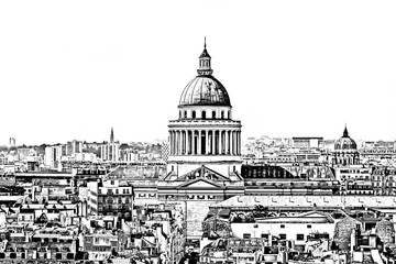 Paris skyline with Panteon building. Paris, France. Sketch illustration.