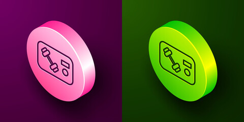 Isometric line Fitness club, gym card icon isolated on purple and green background. Circle button. Vector.